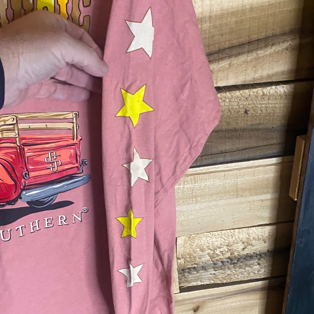 Simply Southern Dusty Pink Long Sleeve Tee with Star Sleeve Accents L - Picture 6 of 7
